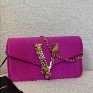New Versace Purple mini satin evening bag with chain. Includes dust bag and COA